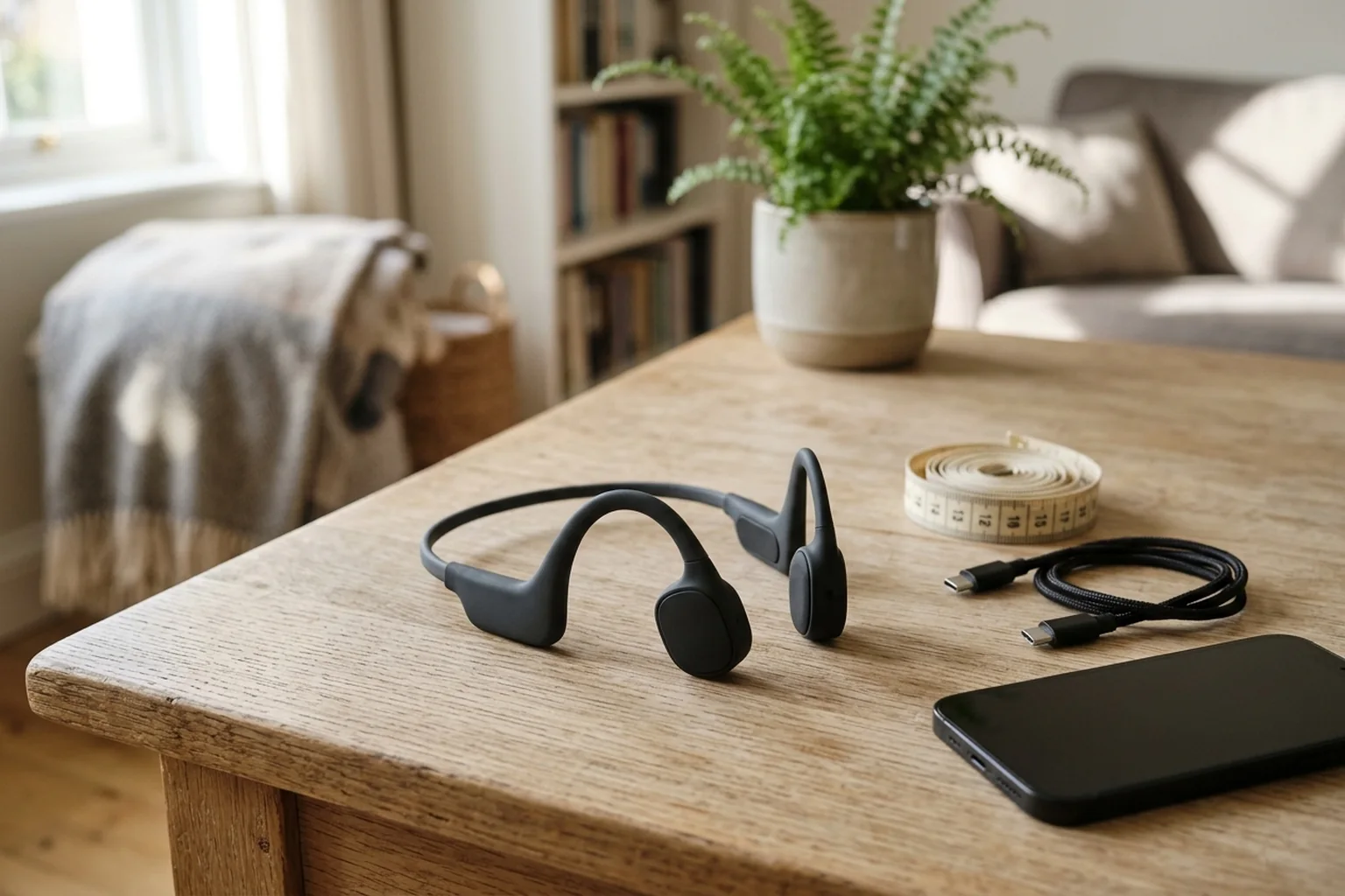 An unbranded matte charcoal open-ear bone conduction headset resting on a light oak tabletop beside a coiled cloth measuring tape, an unplugged braided USB-C cable, and a dark-screen smartphone