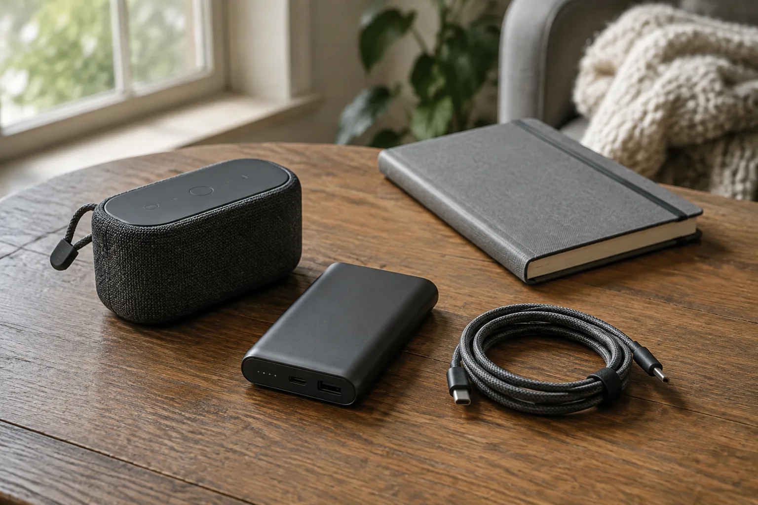 A speaker, portable battery, cable and notebook on a table