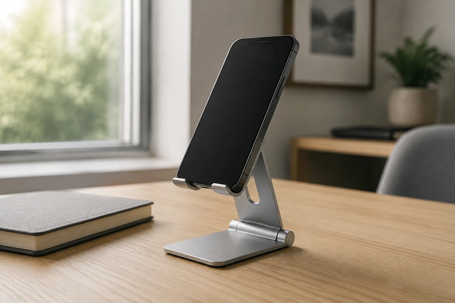 A smartphone resting on an adjustable desktop stand
