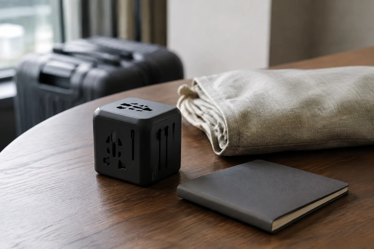 A travel adapter beside a notebook and luggage