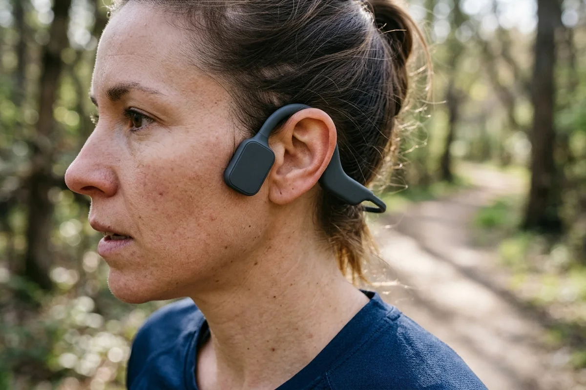 Side profile of a runner wearing an unbranded wraparound bone conduction headset with the rectangular transducer pad seated flat over the mandibular condyle immediately in front of the tragus and the ear canal open