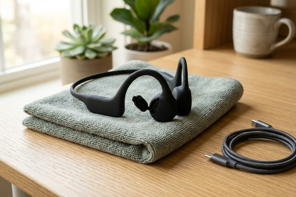 An unbranded matte black open-ear bone conduction headset resting on a folded sage-gray microfiber towel with its USB-C port flap open to air-dry beside an unplugged braided USB-C cable on a dry oak tabletop