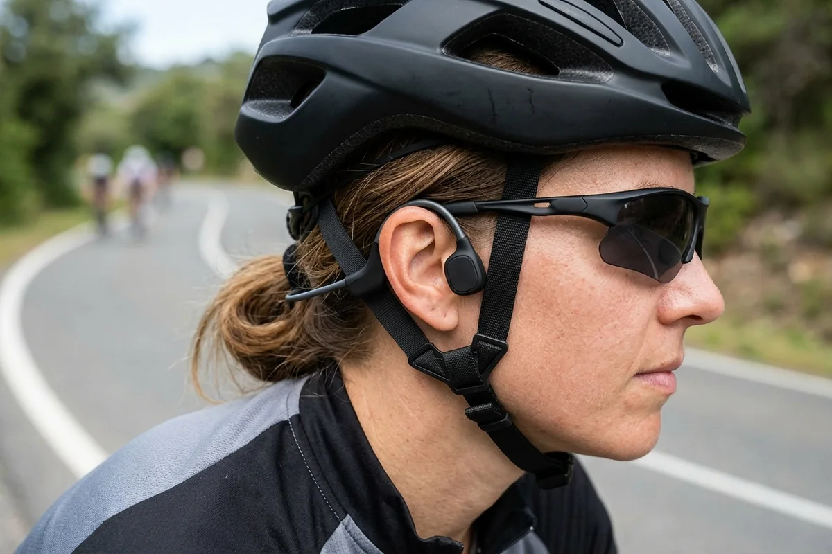 Three-quarter side view of a cyclist wearing a ventilated matte black road helmet, athletic sunglasses, and an unbranded wraparound bone conduction headset showing clean clearance between the helmet Y-strap, glasses arm, and over-ear hook